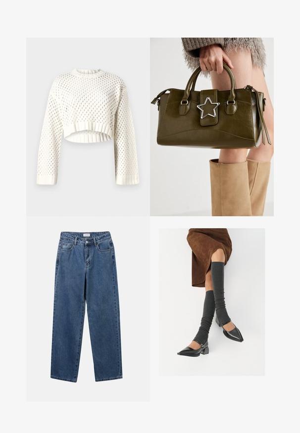 Hvit strikket kortermet genser med et stort nett-mønster, rynkede ermer og rund hals. Lett og teksturert stoff.; Klassiske blå denimjeans med rett ben-design, fem lommer og knappelukking. Har en middels vask og solid tekstur.; Sorte lakkpumps med spiss tå, blokkhel, og ankelstropp, kombinert med grå ribbestrikkede beinvarmere og et brunt semsket skinn skjørt.; Oliven grønn faux lær håndveske med sølvstjerneakcent, doble håndtak og glidelåslukking. Teksturert overflate og strukturert form.