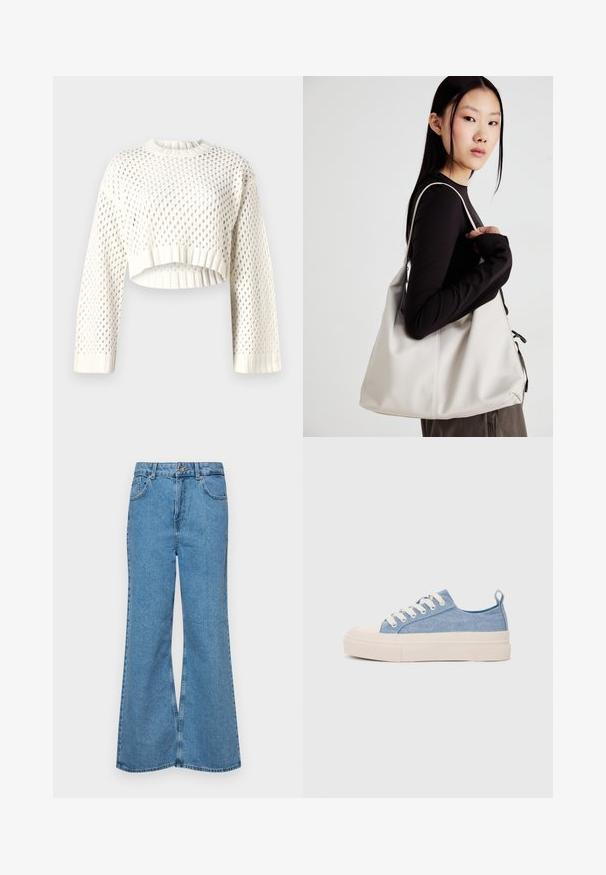 White knitted cropped sweater with a large mesh pattern, ribbed cuffs, and rounded neckline. Lightweight and textured fabric.; Light blue flared jeans made of denim, featuring a high waist, five pockets, and a single button closure. Soft texture with faded finish.; Light blue canvas sneakers with a cream rubber toe cap and outsole, featuring white laces and a pull tab on the heel.; Beige handbag made of soft material, featuring a slouchy design, stitched detailing, and two shoulder straps. Suitable for everyday use.