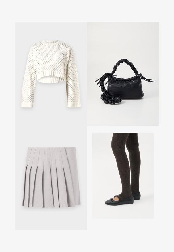 Pull cropped blanc en tricot avec un grand motif en mailles, des poignets côtelés et un col arrondi. Tissu léger et texturé.; Jupe plissée grise au toucher lisse, dotée de multiples plis verticaux et d'une taille ajustée. Fabriquée en tissu léger.; Chaussures plates noires avec un petit nœud au niveau des orteils, associées à des collants côtelés marron foncé. Les chaussures ont une texture lisse et un profil bas.; Sac à main en simili cuir noir avec une texture crocodile, un dessus resserré et une sangle froncée. A l'apparence douce et compacte.