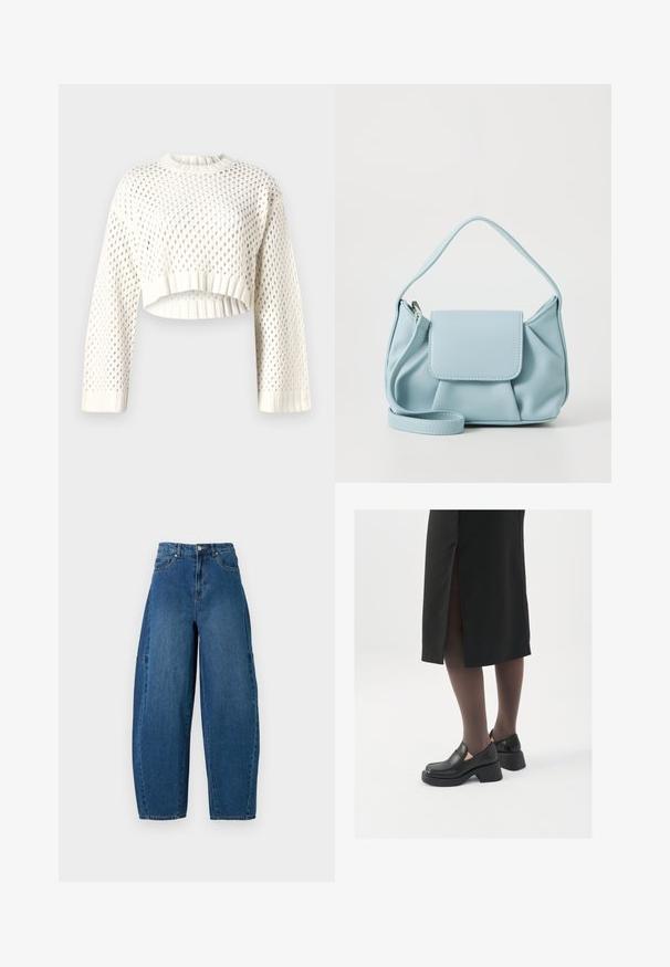 Balts adīts īsais džemperis ar lielu acu rakstu, ribotām piedurknēm un apaļu kakla izgriezumu. Viegls un teksturēts audums.; Denim bikses vidējā zilā krāsā ar augstu jostasvietu, platām kājām un standarta piecu kabatu dizainu ar redzamām šuvju detaļām.; Melni ādas apavi ar noapaļotu purngalu, biezām bloku papēžiem un elastīgiem sānu akcentiem, apvienoti ar tumšām zeķubiksēm un melnu svārku ar šķirbu.; Gaiši zila ādas rokassoma ar augšējo rokturi, priekšējo vāku kabatu un noņemamu roku siksniņu uz baltas fona.