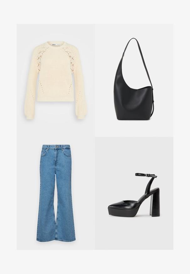Krém színű kötött pulóver, kerek nyakkivágással, hosszú puff ujjakkal és csipkés mintával a vállakon. Texturált anyag.; Világoskék, trapézszárú farmernadrág, magas derékkal, öt zsebbel és egy gombos záródással. Puha tapintású, magasított effektusú anyag.; Fekete platform magassarkú cipők hegyes orral és állítható bokapánttal. Sima bőrből készült, vastag talppal.; Fekete bőr hobo táska sima textúrával, ívelt formával és egyetlen állítható pánttal; széles nyílás található a tetején.