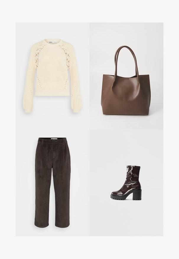 Pulover tricotat de culoare crem, cu guler rotund, mâneci lungi tip puff și detalii din dantelă pe umeri. Material texturat.; Pantaloni din catifea bere cu un design drept, textură subtilă și închidere frontală cu buton, având buzunare laterale.; Botine lucioase burgundy, cu toc gros negru, având o textură netedă și un design simplu. Fără închideri sau modele vizibile.; Geantă tote din piele maro, cu două mânere lungi, formă structurată, textură netedă și design minimal. Fără elemente sau accente vizibile.