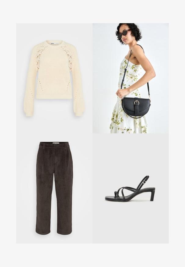 Kreemjalt värvitud kootud sviiter, millel on ümmargune kaelus, pikad puhv-sleeved ja pitsimuster detailid õlgadel. Tekstuuriga kangas.; Pruunid tõmblemisega püksid, mis on sirge säärega kujundusega, peene tekstuuriga ning esise luku ja küljetaskutega.; Mustast rihmajalatsid ruudukujulise varba ja madala ploki kontsaga. Omab mitmeid õhukesi rihmasid ja reguleeritavat pahkluu rihma. Valmistatud siledast nahast.; Mustmust mustraha kõverate joontega, eemaldatava rihmaga ja kuldsete detailidega. Kotil on klapp, millel on pandladetail.