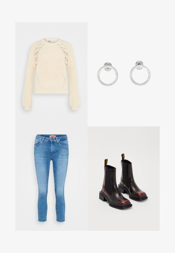 Kermanvärinen neulepaita, jossa on pyöreä pääntie, pitkät puffihihat ja pitsikuviot yksityiskohtina hartioilla. Rakennekangas.; Vaaleansiniset farkut, joissa on kapea malli ja keskikorkea vyötärö, viiden taskun muotoilu, sekä raakareunat nilkoissa. Brändin etiketti näkyy vyötäröltä.; Dr. Martens MAYBOLE CHELSEA - Platform-nilkkurit - black/cherry red; Hopeista valmistetut korvakorut, joissa on harjattu pinta, ympyrän muotoinen muotoilu ja kirkas varsi takana, joka takaa turvallisen käytön.