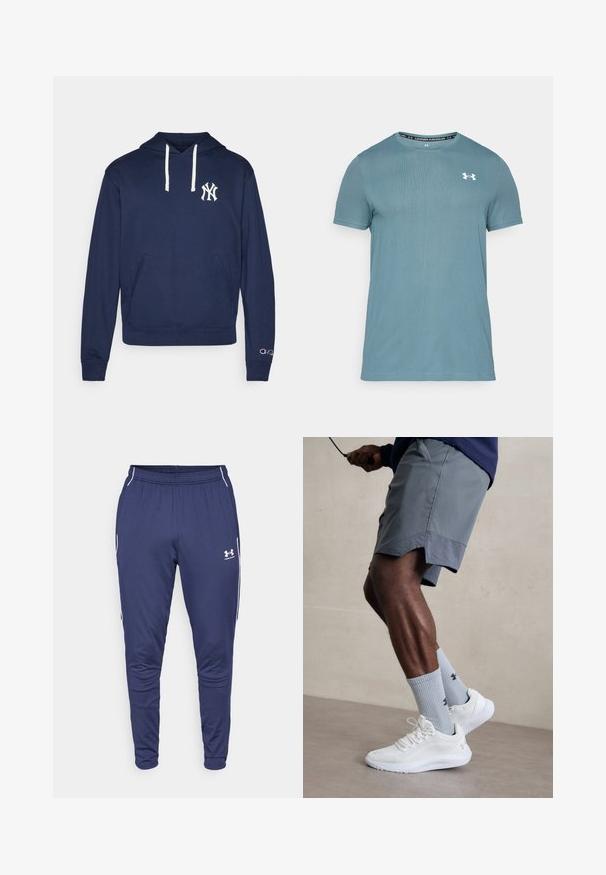 Marineblå hettegenser laget av en stoffblanding, med en frontlomme, hvite snorer og et brodert logo på venstre bryst.; Lyseblå kortermet t-skjorte med teksturert stoff, rund halslinning og hvit logo på brystet. Laget av pustende materiale.; Under Armour CHALLENGER TRAINING - Joggebukse - midnight navy/white; Hvite treningssko med teksturert mesh-overdel, kombinert med lyseblå ribbestrikkede sokker med logo. Grå treningsshorts med perforert kant.