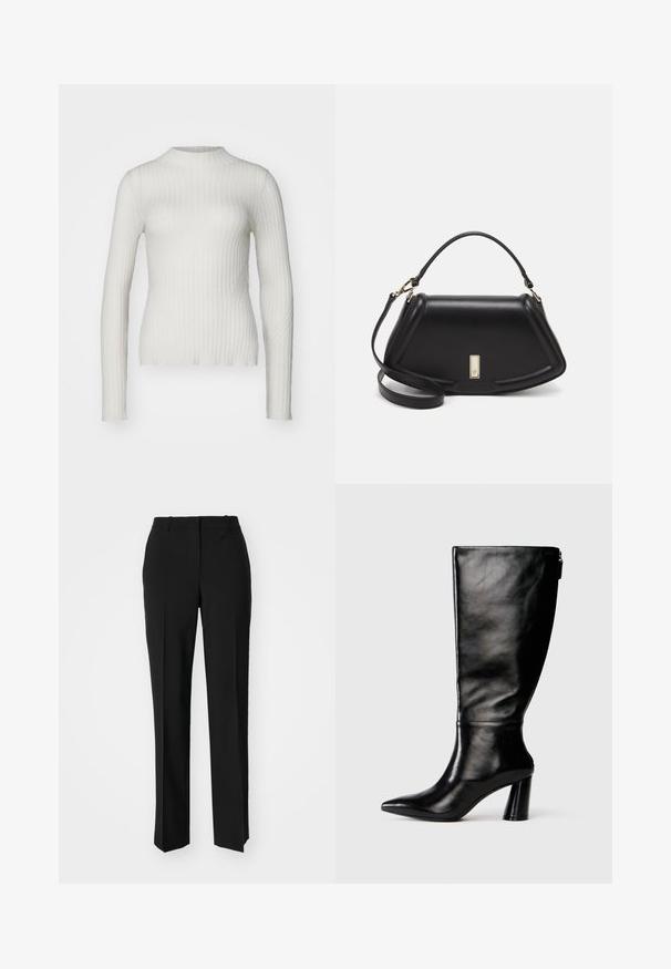 Long-sleeve, high-neck top in soft, ribbed cream fabric with a slim fit, featuring textured pattern and seamless design.; Black tailored trousers with a straight-leg design, featuring a smooth texture and crisp creases along the front. No visible hardware.; Knee-high black leather boot with a pointed toe, smooth texture, and a chunky heel. Features a zipper detail at the back.; Black leather handbag with a structured design, featuring a cropped shape, top handle, and gold hardware accent. Adjustable shoulder strap included.