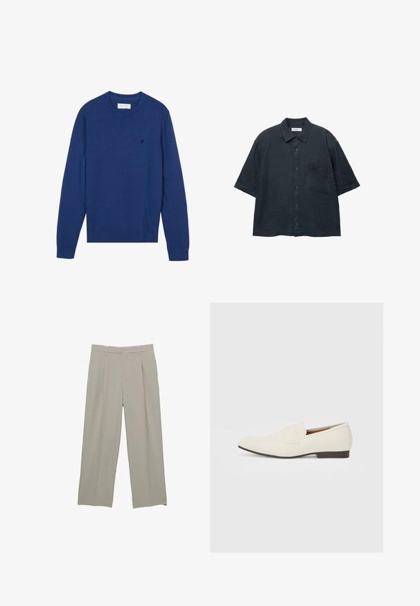 Granatowy sweter dzianinowy z okrągłym dekoltem, długimi rękawami i ściągaczami przy mankietach. Posiada małe haftowane logo na piersi.; Ciemnoniebieska koszula na krótki rękaw zapinana na guziki, wykonana z lekkiego materiału, z kieszonką na piersi i klasycznym wzorem kołnierzyka.; Jasnoszare spodnie o szerokich nogawkach, o gładkiej fakturze, z frontowymi zakładkami, zapięciem na guzik i kieszeniami bocznymi.; Jasne beżowe mokasyny z wąskim noskiem, gładkim materiałem, paskiem na wierzchu stopy oraz niską brązową podeszwą. Prosty design z minimalnymi akcentami.