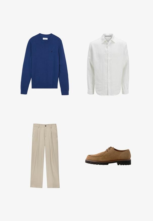 Morn navy plavi pleteni pulover s okruglim izrezom, dugim rukavima i rebrastim manžetama. Ima mali izvezeni logo na prsima.; Bijela lanena košulja s dugim rukavima i klasičnom kragnom, suptilne teksture i zakrivljenim rubom. Sadrži bijele gumbe uzduž prednje strane.; Bež hlače ravnog kroja s jednim crnim gumbom, petljama za remen i bočnim džepovima. Glatka tekstura tkanine i minimalistički dizajn.; Smeđi suknjasti cipele s vezanjem, zaobljenim vrhom, šivenim detaljima i kontrastnom crnom gumenom potplatom s dubokim uzorkom za prianjanje.