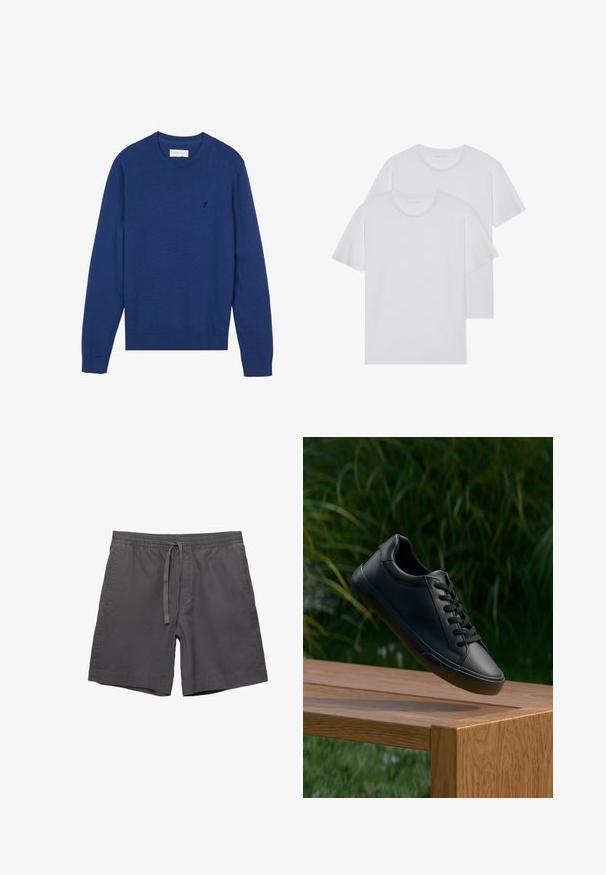 Maglione lavorato a maglia blu navy con scollo rotondo, maniche lunghe e polsini a coste. Presenta un piccolo logo ricamato sul petto.; Due t-shirt bianchi in cotone con collo rotondo, maniche corte e una texture morbida. Entrambi presentano un colore uniforme e nessun motivo o hardware visibile.; Pantaloni corti grigi in cotone con elastico in vita, cordoncino regolabile, tasche laterali e vestibilità comoda. Texture liscia e design fino al ginocchio.; Sneaker in pelle nera con texture liscia, punta rotonda e lacci piatti, posizionato sopra una superficie di legno con erba verde sullo sfondo.