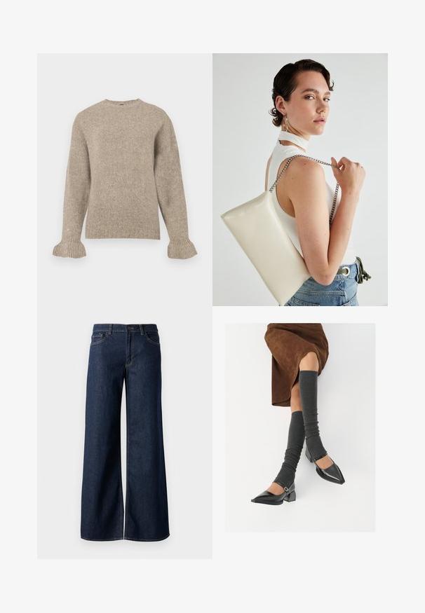 Bežinis megztinis su apvalia iškirpte, grioveliuota tekstūra, ilgomis rankovėmis ir išplatintais manžetais. Paprastas dizainas be papildomų puošmenų.; Plati kojinės džinsai tamsiai mėlynos džinsinės medžiagos. Yra kontrastingas siuvimo ornamentas, penkios kišenės ir užsegimas mygtuku juosmenyje. Lygus paviršius.; Juodi lakuoti odiniai batai su aštriu kuma ir bloko kulnu, derinami su pilkais riebiais kojų šildytuvais ir rudais zomšiniais sijonais.; Balta, stačiakampio formos rankinė pagaminta iš blizgaus medžiagos, su sidabriniu virvute. Modelis pozavo, demonstruodamas rankinę prieš paprastą foną.