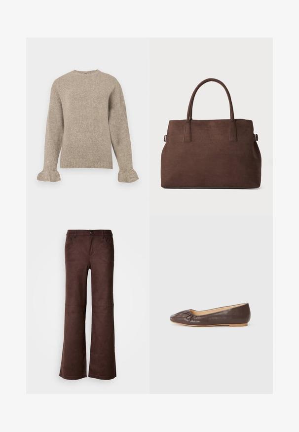 Sweater bege de malha com decote redondo, textura canelada, mangas longas e punhos flare. Design simples sem embellishments.; Calças castanhas em um tecido suave semelhante a camurça. Apresenta quatro bolsos, um fecho de botão e uma superfície lisa e texturizada.; Sapatilha de balé em couro castanho com bico redondo, detalhe franzido na frente e sola plana de cor clara.; Bolsa tote em efeitos de camurça castanha, com duas alças robustas, uma forma estruturada e um design minimalista, apresentando sutis acabamentos de costura.