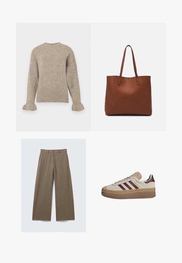 Bežinis megztinis su apvalia iškirpte, grioveliuota tekstūra, ilgomis rankovėmis ir išplatintais manžetais. Paprastas dizainas be papildomų puošmenų.; Rudos juostelės platiems kelnėms su lygia medžiaga ir klasikiniu dizainu, su liemeniu ir priekinėmis raukšlėmis, užtikrinančiomis pritaikytą fitą.; Bežiniai zamšiniai sportbačiai su bordo juostelėmis, baltais akcentais, masyviu permatomu padu ir pakeltu logotipu šone. Su raištelių dizainu.; Ruda odinė priekabų krepšys su glotnia tekstūra, atviru viršumi ir dviem petnešomis. Su minimalia siuvimo detalėmis ir nematoma aparatūra.