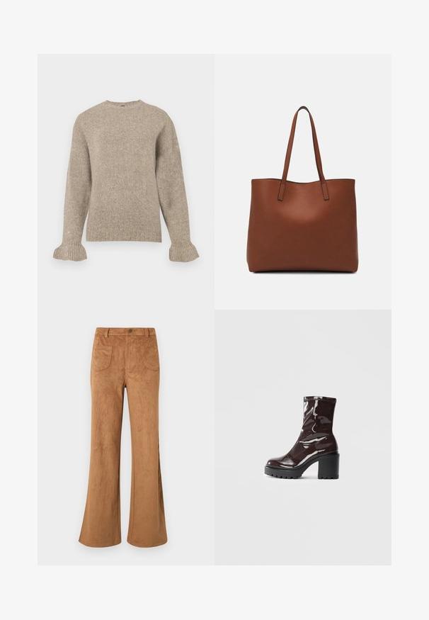 Beige strikket genser med round neck, ribbet tekstur, lange ermer og utvidede mansjetter. Enkelt design uten pynt.; Brune semsket flared bukser med høy midje, front- og baklommer, og en glatt tekstur. Designet for en avslappet passform gjennom benet.; Glinsende burgunder ankelstøvel med en kraftig svart hæl, med en glatt tekstur og enkelt design. Ingen synlige lukkinger eller mønstre.; Brun lær tote veske med en jevn tekstur, åpen toppdesign og to skulderstropper. Har minimal søm og ingen synlige spiker.
