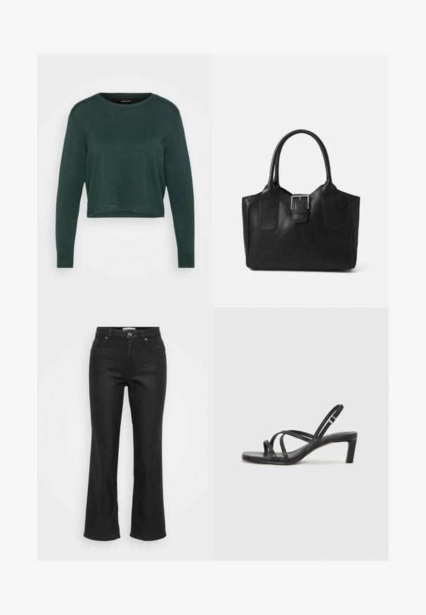 Tamsiai žalia trumpa megztinis su apvalia iškirpte ir ilgomis rankovėmis, turintis megztą tekstūrą ir kraštus bei rankogalius su raukšlėmis.; Juoda plačių džinsų kelnės pagamintos iš džinsinio audinio, su priekinėmis sagų uždarymo, penkiais kišenėmis ir lygia, šiek tiek blizgia tekstūra.; Juodi šlepetės su kvadratiniu pirštu ir žemu bloku kulnu. Yra keli ploni dirželiai ir reguliuojamas kulkšnies diržas. Pagaminti iš lygios odos.; Juodas odinis nešiojamas krepšys su lygiu paviršiumi, struktūrine forma, dviem rankenėlėmis ir ryškiu sidabriniu sagties akcentu priekyje.