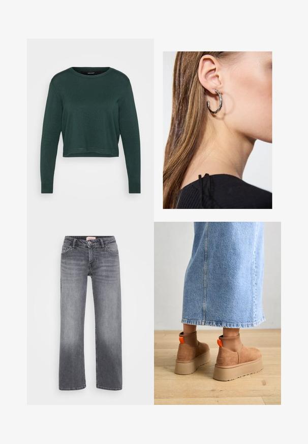 Dark green cropped sweater with a round neck and long sleeves, featuring a knitted texture and ribbed hem and cuffs.; Gray denim jeans with a straight leg design, five-pocket style, subtle fading, and a button closure at the waist.; Brown suede platform boots with elastic side panels and orange pull tabs, paired with a knee-length light denim skirt on a wooden floor.; Silver hoop earring with a polished finish, featuring small gold accent details and a round shape, worn on the lobe.