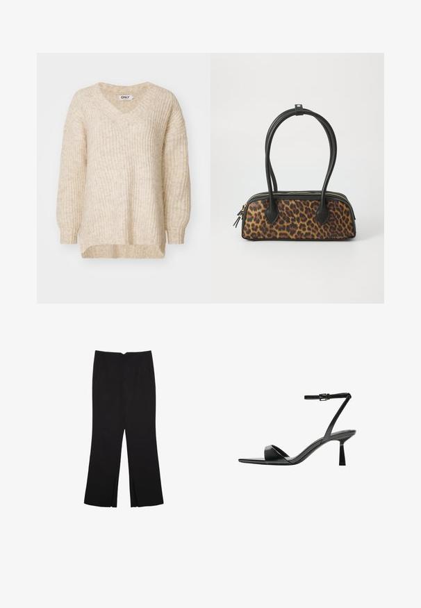 Beigefärgad stickad tröja med V-hals, lösa ärmar och ribbad textur. Designen har en rak fåll och en avslappnad passform.; Svarta byxor med rak passform, utrustade med framfickor och sidoklyvningar vid fållen. Tillverkade av mjukt, slätt tyg. Lämpliga för olika tillfällen.; Bershka Sandaletter - black; Leopardmönstrad handväska med en svart faux läderbotten, dubbla handtag upptill, guldfärgad dragkedja och accentuerade flikar i svart faux läder. Rektangulär form.