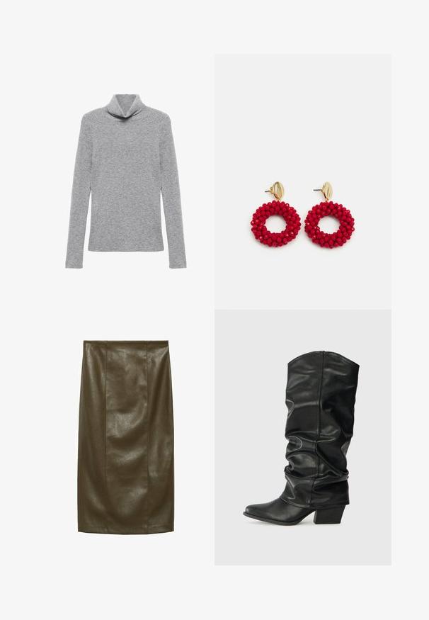 Maglione grigio a collo alto realizzato in materiale a costine. Presenta un colletto piegato e maniche lunghe, con una silhouette aderente.; Gonna a matita in ecopelle verde oliva con una consistenza liscia, lunghezza al ginocchio, caratterizzata da cuciture verticali per un look sartoriale.; Stivali neri in pelle, alti fino al ginocchio, con design morbido, punta affusolata e tacco spesso, caratterizzati da una texture liscia e cuciture minime.; Orecchini a cerchio con perline rosse, dotati di una superficie texturizzata e di un fermaglio in tonalità oro. Forma circolare con centro aperto e dettagli con perline arrotondate.