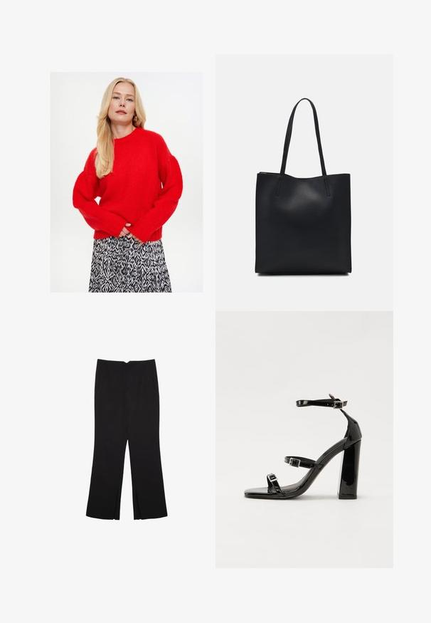 Rode gebreide trui met een ronde halslijn en pofmouwen, gecombineerd met een zwart-wit gestreepte rok met een vloeiende uitstraling.; Zwarte broek met een rechte pasvorm, voorzien van zijzakken en plooien aan de onderzijde. Gemaakt van zachte, gladde stof. Geschikt voor verschillende gelegenheden.; Zwarte gepatenteerde sandalen met hak en een vierkante neus, enkelbandjes en zilveren gespen. Heeft een stevige blokhak voor stabiliteit.; Zwarte leren handtas met een gladde textuur, rechthoekige vorm en twee lange handvaten. Geen zichtbare hardware of versieringen.