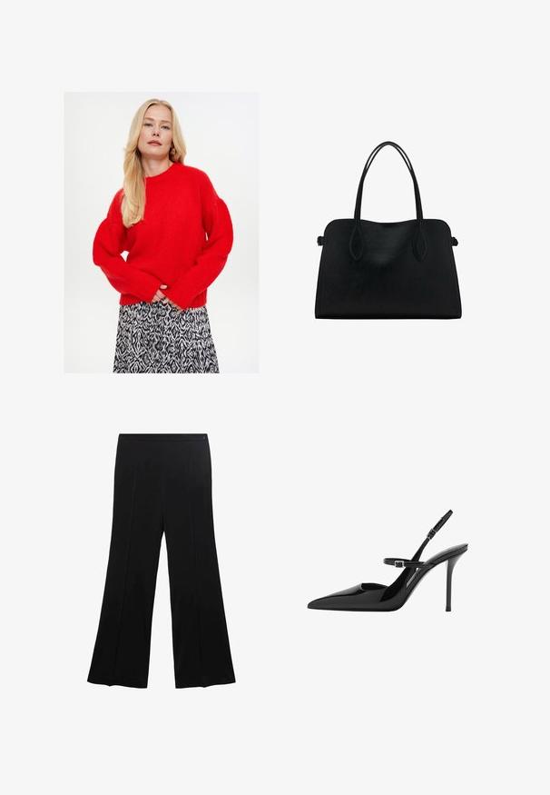 Czerwony dzianinowy sweter z okrągłym dekoltem i bufkami, w zestawieniu z czarną i białą spódnicą w wzory, charakteryzującą się zwiewnym krojem.; Czarne spodnie o szerokich nogawkach, wykonane z gładkiego materiału, z płaskim przodem i dwoma zakładkami oraz pasem bez widocznych elementów metalowych.; Czarne lakierowane szpilki slingback z ostrym noskiem, regulowanym paskiem i obcasem w kształcie stiletto. Gładka powierzchnia o błyszczącym wykończeniu.; Czarna skórzana torba na ramię z podwójnymi paskami, prostokątny kształt i minimalistyczny design na białym tle.