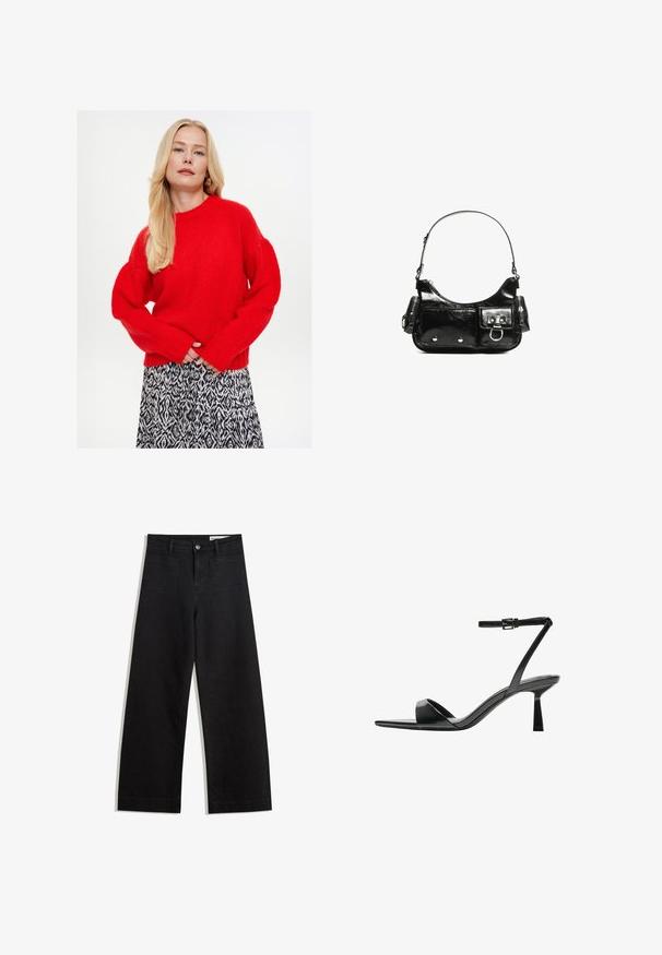 Roter Strickpullover mit rundem Ausschnitt und Puffärmeln, kombiniert mit einem schwarz-weißen gemusterten Rock mit fließendem Design.; Schwarze weit geschnittene Jeans mit hoher Taille, ausgestattet mit Vorder- und Hintertaschen, gesteppten Nähten und einem Knopfverschluss. Glatte Textur.; Bershka High Heel Sandalette - black; Schwarze Lackleder-Handtasche mit geschwungenem Design, einem Schulterriemen, Vordertaschen und silberfarbenen Hardware-Akzenten.