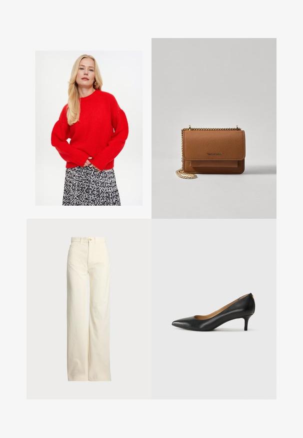Red knitted sweater with a round neckline and puffed sleeves, paired with a black and white patterned skirt, featuring a flowing design.; Polo Ralph Lauren COTTON CORDUROY WIDE-LEG PANT - Trousers - warm white; Black leather pump with a pointed toe, low heel, and a smooth texture. Features a slight opening at the front and minimal hardware at the back.; Brown textured leather crossbody bag with gold chain strap and flap closure. Front features logo detail and a pocket under the flap.