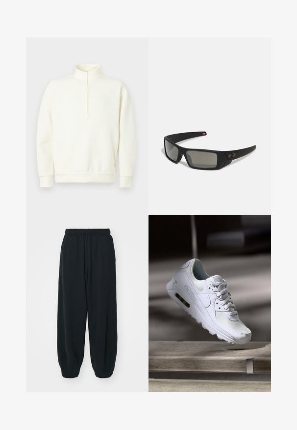 Kremkrāsas pullover džemperis ar augstu apkakli, priekšējo rāvējslēdzēju un ribinātām piedurknēm. Gluda tekstūra un brīvs piegriezums.; Melnas sporta bikses ar elastīgu jostasvietu, brīvu piegriezumu, aprocēm ap potītēm, gludu tekstūru, un bez redzamām rakstu vai aparatūras akcentiem.; Baltas Nike Air Max 90 sporta apavi ar sietu un ādas augšdaļu, caurspīdīgu pirksta daļu un redzamu gaisa vienību papēdī.; Melni saulesbrilles ar matētu apdari, taisnstūra lēcām, nedaudz izliektiem tempļiem, smalkiem logotipa elementiem un dūmu nokrāsas lēcām.