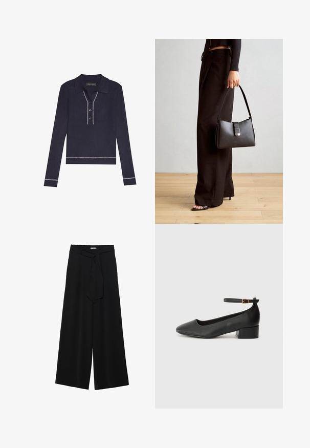 Ribota garenpiedurkņu polo krekls tumši zilā krāsā, ar apkakli, trīs pogu slēgšanu un baltām dekoratīvām šuvēm ap apakšu un piedurknēm.; Melni platleņķa bikses ar teksturētu audumu, elastīgu jostu un noņemamu siksnu viduklī, kas nodrošina regulējamu piegulšanu.; Melnas ādas sūkņi ar smailu purngalu un zemu bloku papēdi. Iezīmēts ar potītes siksniņu ar zelta krāsas sprādzi. Gluda tekstūra.; Melnā somiņa ar strukturētu formu, gludu tekstūru un metālu sprādzi. Saskaņota ar platām melnām biksēm un sandālēm ar atvērtu purngalu uz koka grīdas.