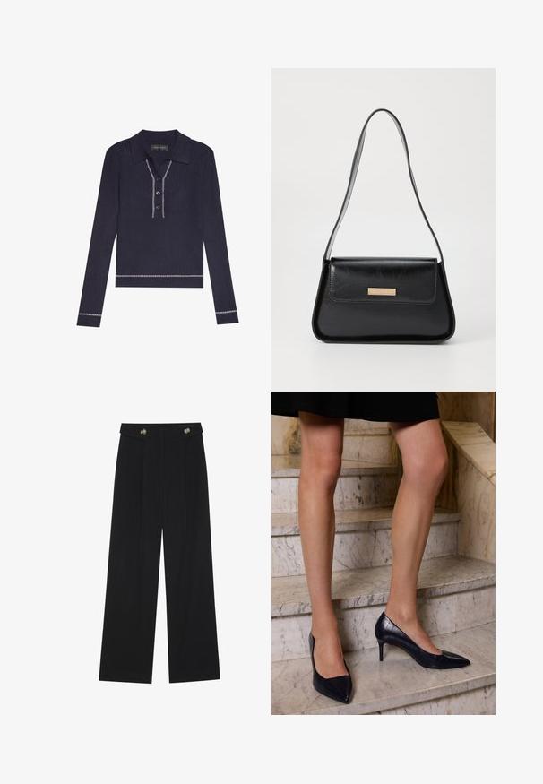Niebieska, prążkowana koszulka polo z długim rękawem, z kołnierzykiem, zapięciem na trzy guziki oraz białymi ozdobnymi przeszyciami u dołu i przy mankietach.; Czarne szerokie spodnie z wysokim stanem, z detalami w postaci guzików na pasku oraz plisami z przodu.; Granatowe szpilki z opadającym czubkiem, z gładkim i teksturowanym wykończeniem przypominającym skórę krokodyla.; Czarna skórzana torebka o strukturalnym, trójkątnym kształcie, z wąskim paskiem i złotymi elementami ozdobnymi, wyposażona w tabliczkę z logo na przedniej klapie.