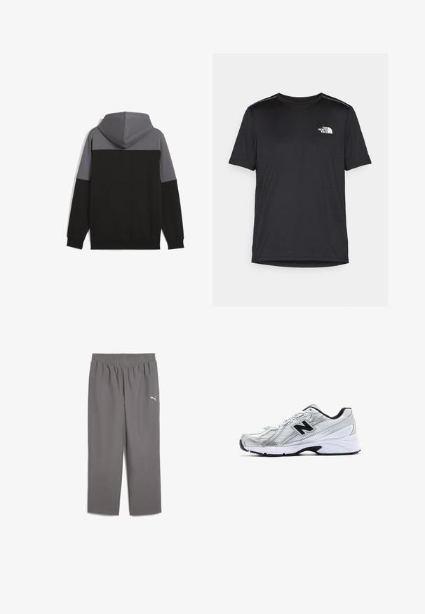 Kapiokas su spalvų blokų dizainu pilkos ir juodos spalvų. Pagamintas iš minkštos medžiagos, turi ilgus rankovės ir kengūros kišenę.; Juodas trumpas rankovės marškinėliai, pagaminti iš lengvos medžiagos. Yra mažas baltas logotipas kairiajame krūtinės pusėje ir subtilūs pečių akcentai.; Pilkos sportinės kelnės su elastinga juosmeniu, pagamintos iš lengvos medžiagos. Pasižymi maža balta logo ant kairiojo kojos.; Sidabrinis sportinis batelis su tinklinio medžiaga, juodais akcentais, perforuotu dizainu ir paminkštintu balto pado. Yra ryškus 'N' logotipas.