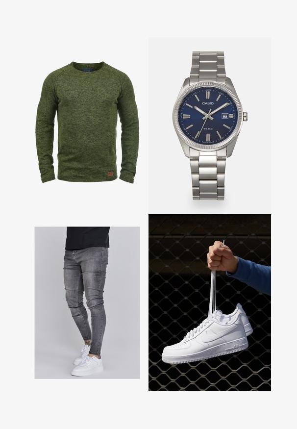 Zeleno pulover iz teksturiranega pletenega materiala, s krožnim izrezom, dolgimi rokavi in majhnim rjavim logotipom na spodnjem sprednjem delu.; Oprijete jeans hlače iz izbledele sive denima, z obrabljenimi detajli na kolenih, v kombinaciji z belimi športnimi copati. Gladka tekstura, oblikovan slim fit dizajn.; Bela usnjena športna obutev s perforacijami, okroglo konico, ravnim podplatom in debelimi vezalkami, z vidnim logotipom smoosh in napisom "AIR" na peti.; Srebrna nerjaveča jeklena ura z modrim številčnico, kovinskimi kazalci ter oknom za datum na 3. uri. Vodoodporna do 50 metrov.