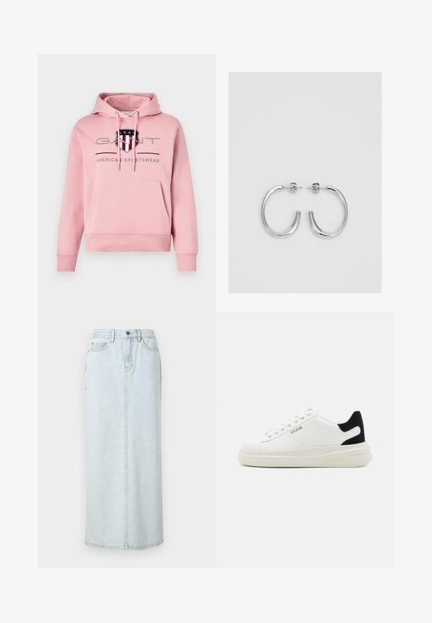 GANT ARCHIVE SHIELD HOODIE - Sweatshirt - geranium pink; Jupe maxi en denim bleu clair avec un design droit, fermeture à boutons sur le devant et couture visible. Elle comporte deux poches avant.; Baskets en cuir blanc avec une épaisse semelle blanche, un accent en daim noir au niveau du talon et un logo embossé sur le côté. Design à lacets avec six œillets.; Boucles d'oreilles en argent avec une finition lisse et brillante. Forme arrondie, conception légère, avec un fermoir à tige.