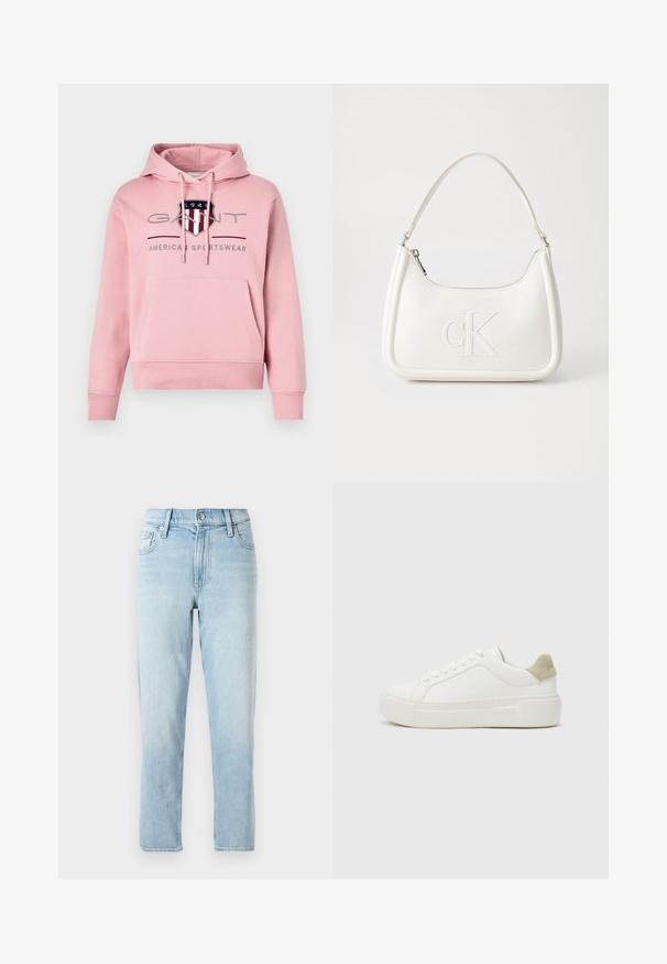 GANT ARCHIVE SHIELD HOODIE - Sudadera - geranium pink; Jeans de mezclilla azul claro, diseño de pierna recta, cintura media, con estilo de cinco bolsillos y cierre de botón en la parte frontal.; Zapatilla blanca con parte superior de cuero suave, acento en ante gris claro en el talón y suela de goma blanca gruesa. Presenta un diseño de cordones.; Bolso de mano de cuero blanco con forma curvada, con un logo "CK" en relieve en la parte delantera y una sola correa para el hombro. Cierre de cremallera en la parte superior.