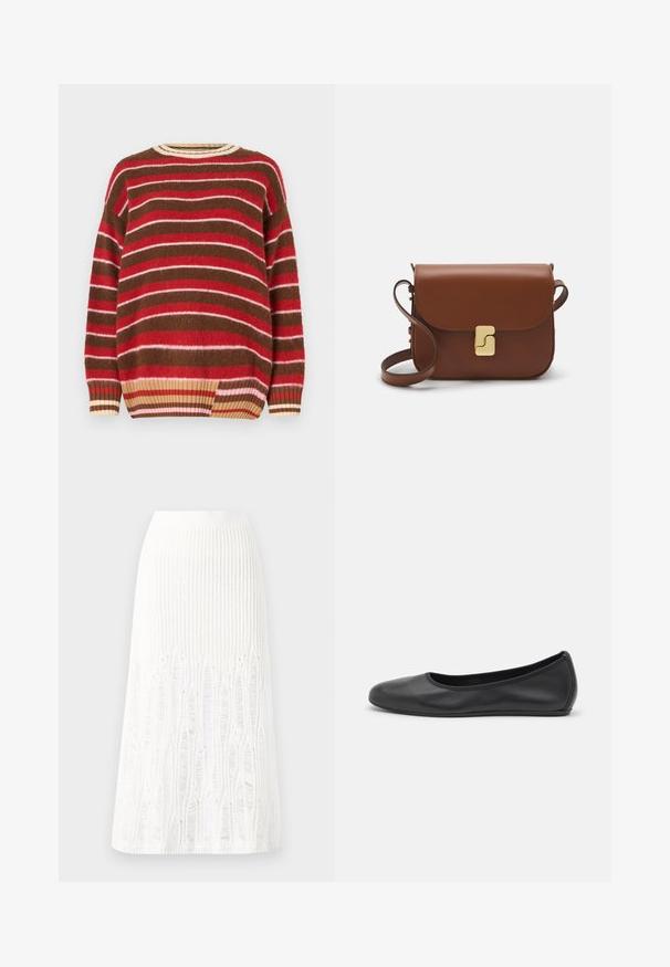 Pull en tricot avec des rayures horizontales rouge, rose, marron et crème. Encolure ronde avec bord côtelé et coupe décontractée.; Jupe midi en tricot blanche présentant un motif texturé avec des lignes verticales et des découpes près de l'ourlet. Taille élastique. Matériau doux.; Ballerines en cuir noir avec un bout rond, texture lisse, détails de couture minimalistes et design de semelle flexible.; Sac à main en cuir marron avec une fermeture à rabat, des accents en métal doré, une bandoulière et une texture lisse. Forme rectangulaire compacte.