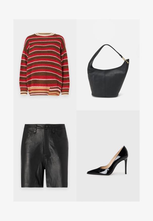 Strickpullover mit horizontalen Streifen in Rot, Pink, Braun und Creme. Rundhalsausschnitt mit geripptem Saum und lockerer Passform.; Schwarze Lederhorts mit glatter Textur, ausgestattet mit einem vorderen Reißverschluss, Knopfverschluss und klassischem Fünf-Taschen-Design.; Schwarze Lackleder-Pumps mit High Heels und spitzem Design sowie einer eleganten Silhouette. Verfügt über eine glatte, glänzende Oberfläche und einen schlanken Stiletto-Absatz.; Schwarze Lederhandtasche mit abgerundeter Form, breitem Tragegurt und strukturiertem Finish. Besitzt eine subtile Nahtdetails und einen Akzent aus goldfarbenem Metall.