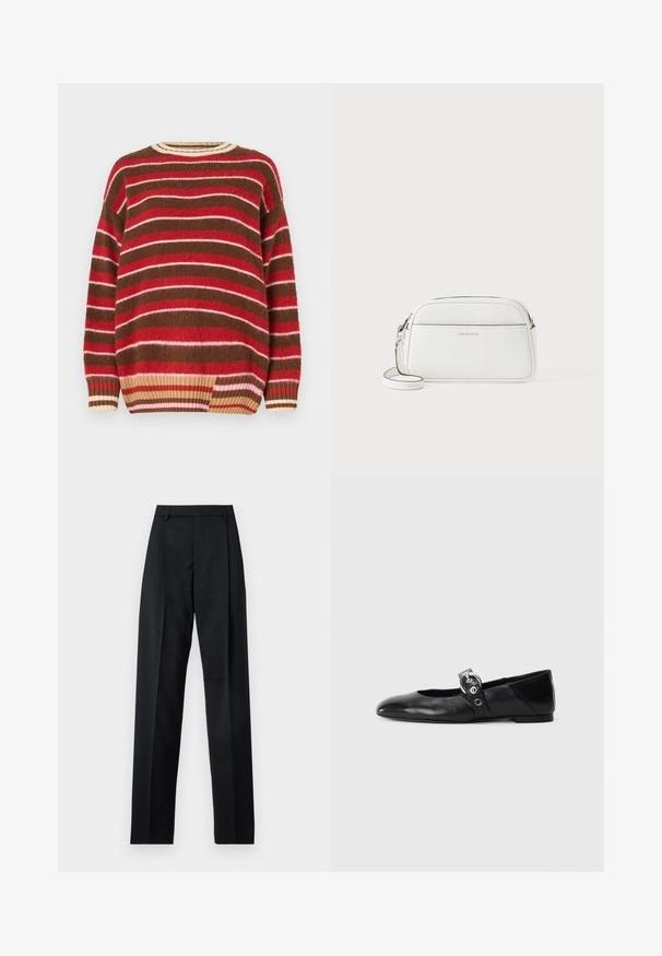 Strickpullover mit horizontalen Streifen in Rot, Pink, Braun und Creme. Rundhalsausschnitt mit geripptem Saum und lockerer Passform.; Schwarze Hosen aus glattem Stoff mit hoher Taille, weitem Bein, vorderen Falten und klassischen Gürtelschlaufen. Keine sichtbaren Seitentaschen.; Schwarze Ballettflat mit spitzer Spitze, ausgestattet mit einem Riemen und einer runden, metallischen Schnalle sowie einer flachen Sohle.; Weiße Leder-Crossbody-Tasche, rechteckige Form, glatte Textur, Reißverschluss, verstellbarer Schulterriemen, minimalistisches Design mit geprägtem Logo.