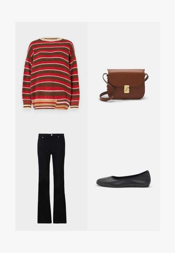 Knit sweater featuring horizontal stripes in red, pink, brown, and cream. Rounded neckline with ribbed trim and a loose fit.; Black flared jeans made of denim, featuring two front pockets, a button closure, and a smooth texture. Signature stitching visible at seams.; Black leather ballet flat with a rounded toe, smooth texture, minimal stitching detail, and a flexible sole design.; Brown leather handbag with a flap closure, gold-tone hardware, a shoulder strap, and a smooth texture. Compact rectangular shape.