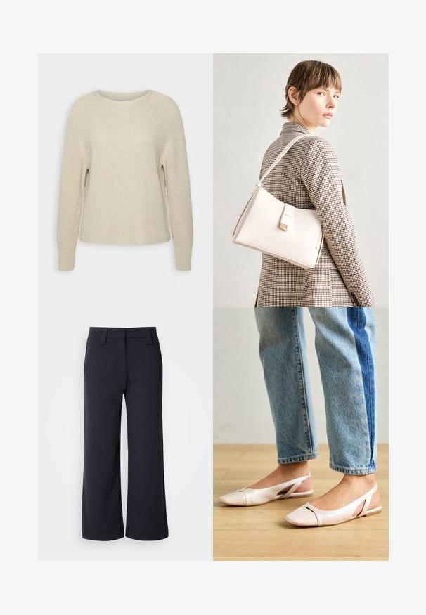 Light pink knit sweater with a round neckline, raglan sleeves, and ribbed cuffs. The texture is soft with a relaxed fit and minimal detailing.; Wide-leg trousers in dark navy fabric. Features a flat front, belt loops, and side pockets. The material is smooth with a slight stretch.; Pale pink slingback flats with a pointed toe, made from a smooth leather-like material. Features cut-out details at the sides and a flat heel.; White leather handbag with a structured design, featuring a magnetic clasp and a shoulder strap, showcased against a neutral background.