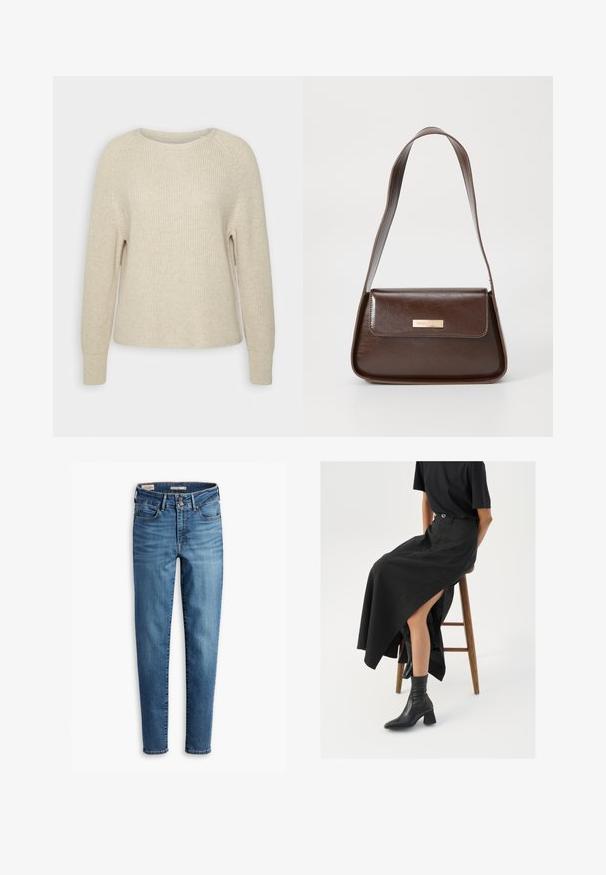 Maglione a maglia di un delicato rosa con scollatura rotonda, maniche raglan e polsini a costine. La texture è morbida, con una vestibilità rilassata e dettagli minimi.; Jeans skinny a vita alta in denim azzurro chiaro. Presentano cinque tasche, chiusura con bottone frontale e un classico dettaglio di cucitura in tutta la superficie.; Gonna maxi in lino nera con uno spacco alto, indossata con una t-shirt nera e stivaletti neri. Design minimalista con una vestibilità rilassata.; Borsa a spalla in pelle marrone con una forma strutturata, dotata di chiusura a patta magnetica e un accento di logo metallico sul davanti.