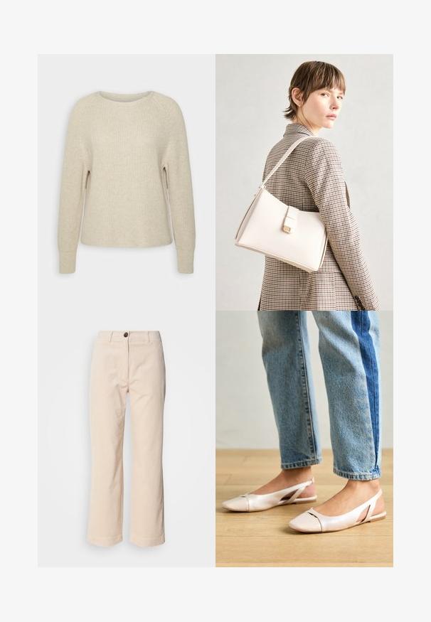 Suéter de malha rosa claro com decote redondo, mangas raglan e punhos canelados. A textura é suave, com um corte relaxado e detalhes mínimos.; Calças de cotim bege com pernas retas, fecho frontal por botão e bolsos laterais visíveis sobre um fundo branco.; Sapatilhas slingback de cor rosa pálido com bico fino, feitas de um material semelhante a couro liso. Apresentam detalhes recortados nas laterais e um salto plano.; Bolsa de mão em couro branco com um design estruturado, apresentando um fecho magnético e uma alça de ombro, exibida sobre um fundo neutro.