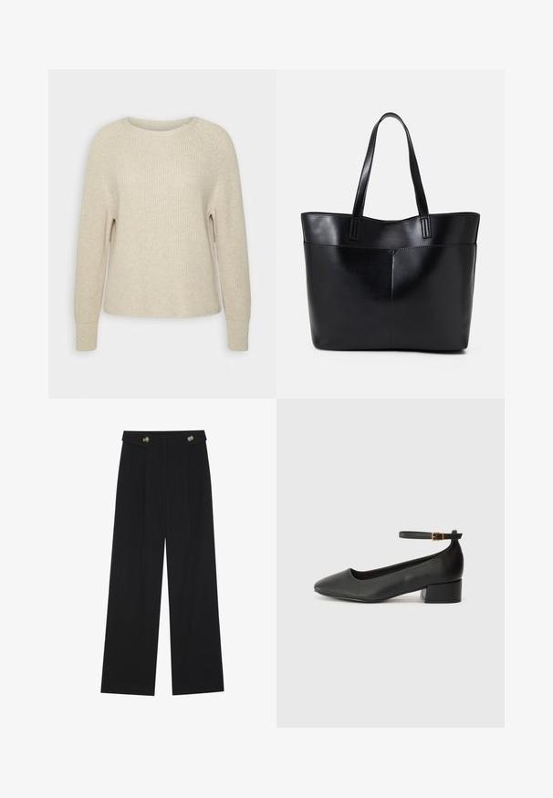 Pulover tricotat de culoare roz deschis, cu guler rotund, mâneci raglan și manșete cu model din jerseu. Textura este moale, cu o croială lejeră și detalii minime.; Pantaloni negri cu picioare largi, talie înaltă, detalii cu butoane pe talie și pliseuri în față.; Pantof cu toc negru din piele, cu vârf ascuțit și toc mic pătrat. Dispune de o curea la gleznă cu o cataramă în tonuri de aur. Textură netedă.; Geantă oversized din piele neagră, cu două mânere lungi, de textură netedă și formă structurată. Are un buzunar frontal pentru stocare suplimentară.