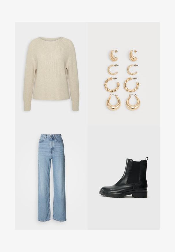 Világos rózsaszín kötött pulóver kerek nyakkal, raglán ujjal és bordás mandzsettával. A textúra puha, laza illeszkedésű és minimális díszítéssel rendelkezik.; Világoskék, magas derekú, egyenes szárú farmernadrág, elülső gombos záródással és finom kopásmintázattal.; Tamaris Klasszikus bokacsizmák - black glam; Öt darab arany fülbevaló szett, különböző mintákkal: csavart, bordázott és sima felületek karika és félhold formákban.