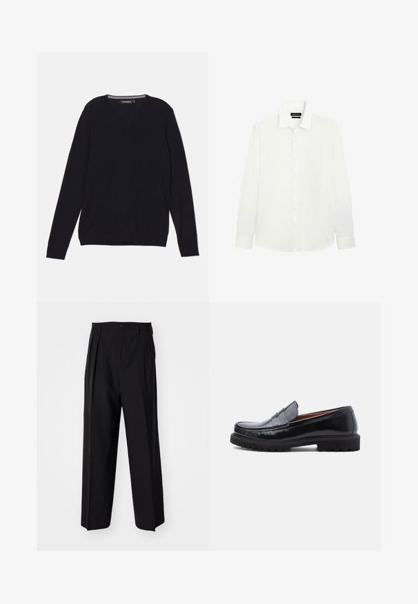 Black long-sleeve V-neck sweater made of a smooth, lightweight fabric. Includes ribbed cuffs and hem for a fitted appearance.; White long-sleeve shirt with a classic collar, button placket, and fitted cuffs. Smooth fabric with a subtle sheen. Tag visible at the neckline.; Black pleated trousers with a straight, wide-leg design. Made from smooth fabric, featuring a button closure and belt loops.; Black leather penny loafer with chunky rubber sole and moc toe stitching, shown in profile on a white background.