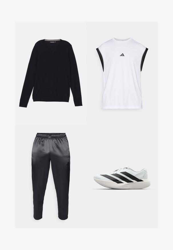 Must krevete V-kaelusega must sviiter, mis on valmistatud sujuvast ja kergest kangast. Kätised ja allserv on soonikuga, et saavutada keha lähedane välimus.; Valge sportlik tank top mustade õlaaktsentidega. Omab ümarat kaelust ning väikest musta logo ees. Sile kangas.; Mustad musta värvi spord pants, mis on valmistatud siledast ja kergest kangast, elastse värviga. Vasakul küljel on väike logo ning jalad on kitsenevad.; Kerged jooksujalatsid helesinises värvuses mustade triipudega. Omavad siledat pealispinda, ümarat varvase osa ja paksu valget vahemõõtu, millel on silt "LIGHTSTRIKE PRO".