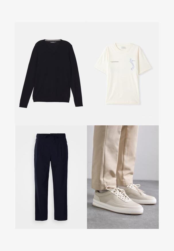 Black long-sleeve V-neck sweater made of a smooth, lightweight fabric. Includes ribbed cuffs and hem for a fitted appearance.; White cotton t-shirt with short sleeves, featuring “United By Rhythm” text in black and blue graphic on the chest. Round neck design.; J.LINDEBERG JIN PLEATED - Trousers - navy; Beige sneakers with a textured upper, white soles, and stitched accents, paired with beige trousers, displayed on a gray surface.