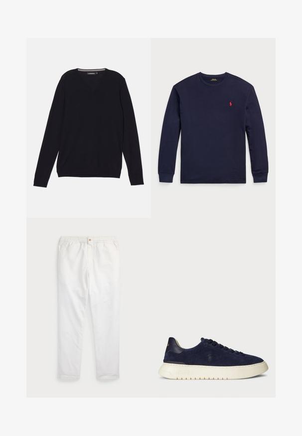 Juodas ilgomis rankovėmis V formos kaklo megztinis, pagamintas iš lygaus, lengvo audinio. Apima sutrauktas rankovių ir apatinio krašto dalis, suteikiančias prigludusią išvaizdą.; Jūrų pajėgų ilgos rankovės marškiniai, pagaminti iš švelnaus medvilnės. Turi apvalų iškirpimą ir mažą raudoną logotipą kairėje krūtinės pusėje. Visos paviršiaus tekstūros yra lygios.; Baltos medvilnės kelnes su elastine juosta ir vienu auksiniu mygtuku, tiesaus kirpimo dizainu, glotnia tekstūra ir be matomų raštų.; Tamsiai mėlyni jovimo odos žemi sportbačiai su tekstūruotu paviršiumi, guma padais ir tonuotais raišteliais, su mažu logotipu šone ir ant kulno.