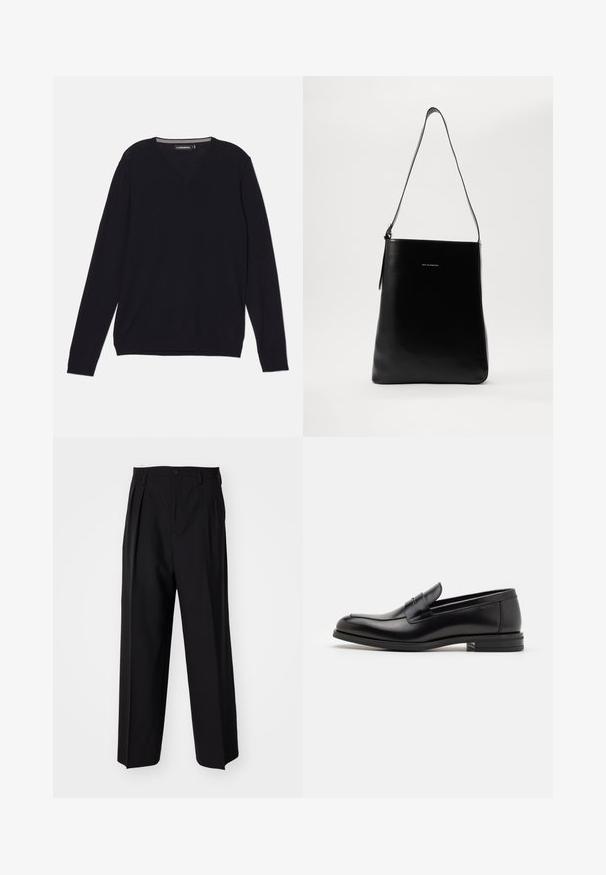 Must krevete V-kaelusega must sviiter, mis on valmistatud sujuvast ja kergest kangast. Kätised ja allserv on soonikuga, et saavutada keha lähedane välimus.; Mustad volditud püksid sirge ja laia säärega disainiga. Valmistatud siledast kangast, millel on nuppudega sulgemine ja vööaasad.; Mustad mustad nahast loafers sileda tekstuuriga, ümarat ninaosa ja dekoratiivne riba vampi üle. Madal kihiline konts, minimalistlik disain.; Mustast nahast õlakott, millel on sile tekstuur, ristkülikuline kuju ja pikk rihm; keskel on väike valge logo.