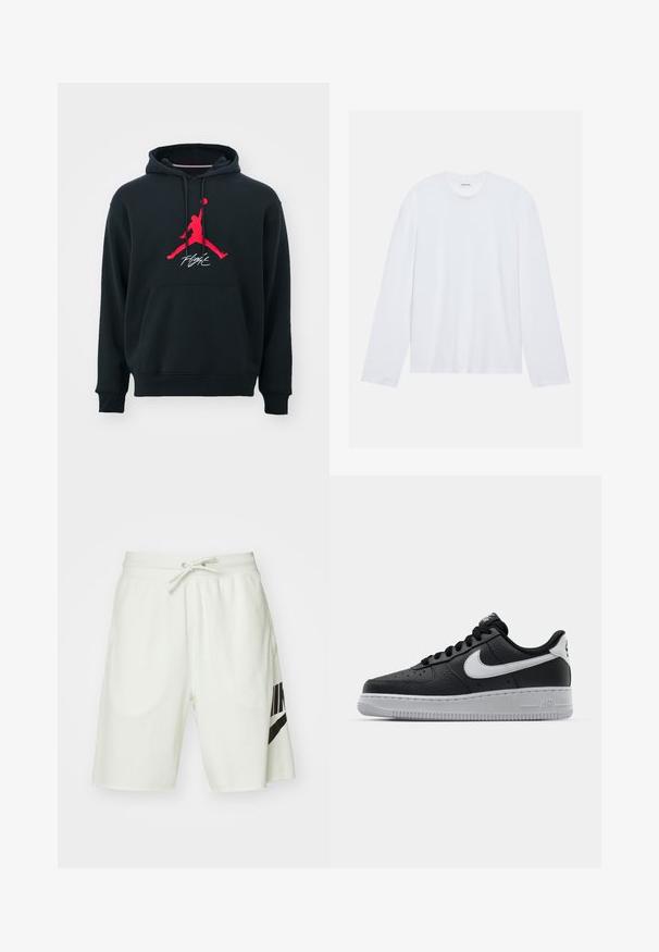 Felpa nera in cotone con tasca frontale. Presenta un logo Jumpman rosso e la scritta "Flight" in bianco sotto di esso. Stile pullover con cappuccio regolabile.; T-shirt bianco a maniche lunghe realizzato in cotone. Presenta un classico collo a giro e cuciture delle spalle abbassate, con una texture liscia e uniforme.; Shorts in cotone grigio chiaro con vita elasticizzata, cordoncino regolabile e logo Nike nero sul lato sinistro.; Sneaker in pelle nera con superficie texture, baffo Nike bianco, suola grigia, punta rotonda e design con lacci. Presenta delle perforazioni sulla punta.