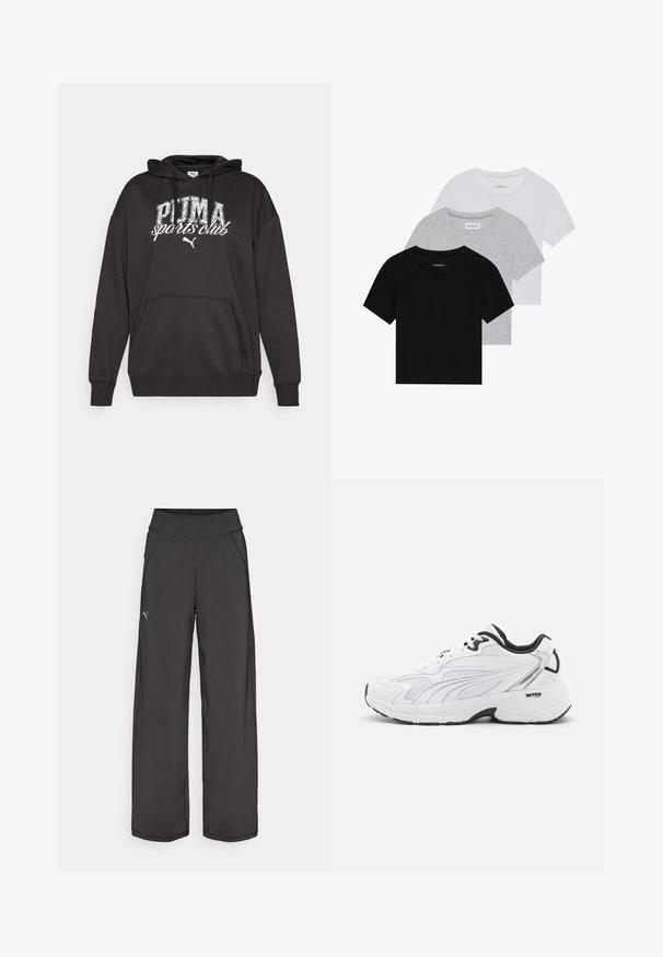 Sort hættejakke med en kengurulomme, der har et hvidt "PUMA sports club" grafik og logo. Lavet af blødt sweatshirtstof med en afslappet pasform.; Sæt af tre kortærmede t-shirts i sort, grå og hvid. Fremstillet af bomuld, har en rund hals og et enkelt, ensfarvet design.; Sorte træningsbukser med en bred talje, sidelommer og flade sømme. Har et lille logo på venstre ben. Fremstillet af glat, strækbart stof.; Hvide atletiske sneakers med mesh-overdel, sorte accenter, struktureret panelering og en polstret sål for komfort og støtte.