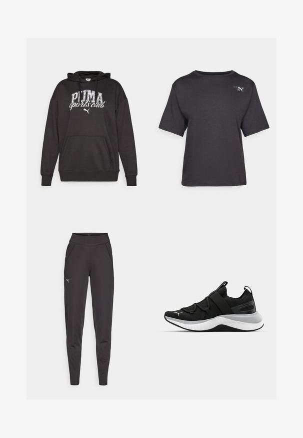 Černá mikina s klokaní kapsou, na které je bílá grafika a logo "PUMA sports club". Vyrobena z měkké sweatshirt tkaniny s volným střihem.; Černé tričko s krátkým rukávem vyrobené z jemné látky, s kulatým výstřihem a malým logem na levém horním boku.; Černé sportovní legíny z elastického materiálu, s vysokým pasem, bočními kapsami a malým reflexním logem na levém stehně.; Černá sportovní bota s texturovaným svrškem, elastickými pásky a silnou bílou mezipodešví. Obsahuje šedý akcent podél podešve.