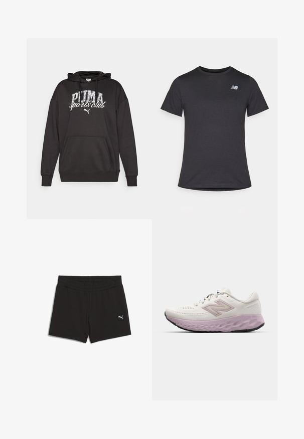 Black hoodie with a kangaroo pocket, featuring a white "PUMA sports club" graphic and logo. Made from soft sweatshirt fabric with a relaxed fit.; Black short-sleeve t-shirt made of soft fabric, featuring a small gray New Balance logo on the upper left chest, classic crew neck design.; Black athletic shorts with an elastic waistband, made from soft fabric. Features a small white logo on the lower left front.; Lightweight running shoe in white mesh with a pink midsole. Features a textured sole and side logo, designed for comfort and support.